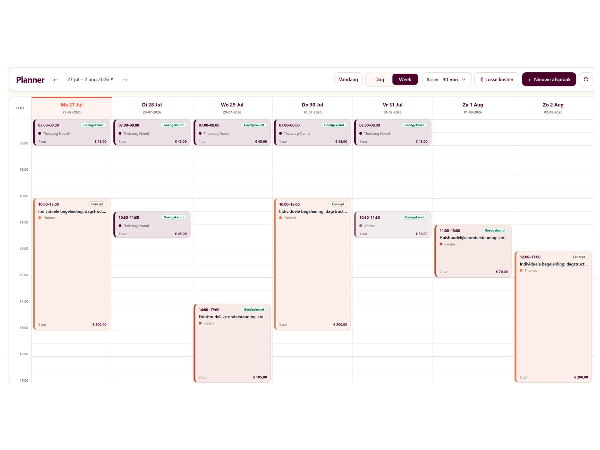 Weekplanning met afspraken en zorgmomenten in PGB Kompas.